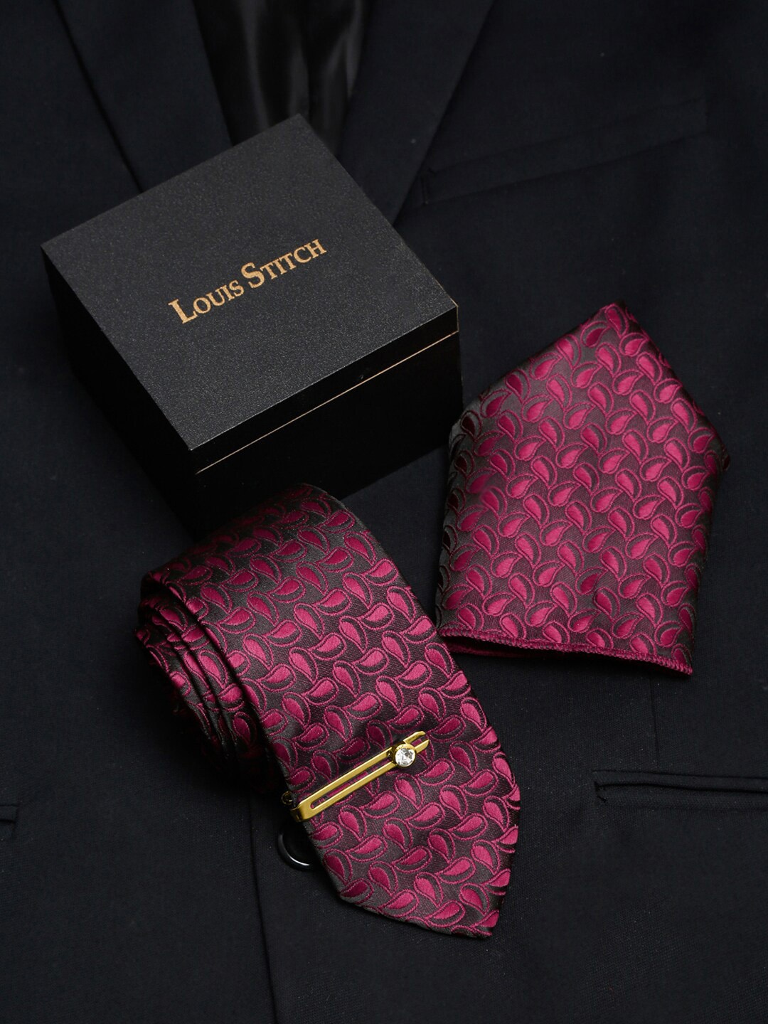 

LOUIS STITCH Men Printed Italian Silk Necktie Accessory Gift Set, Maroon