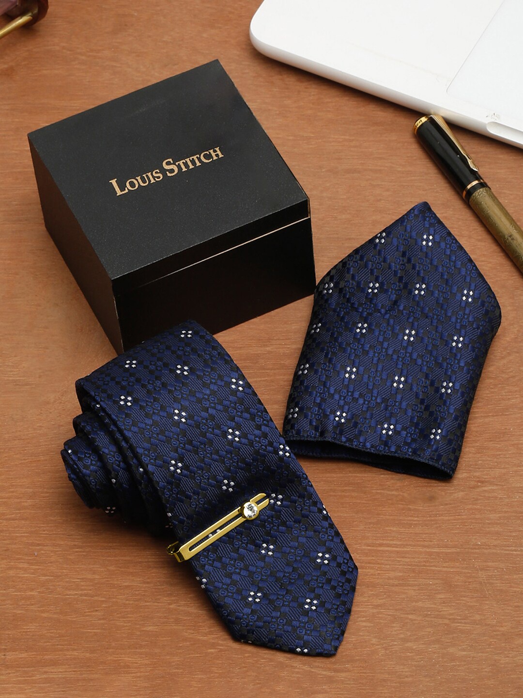 

LOUIS STITCH Men Printed Italian Silk Necktie Accessory Gift Set, Blue