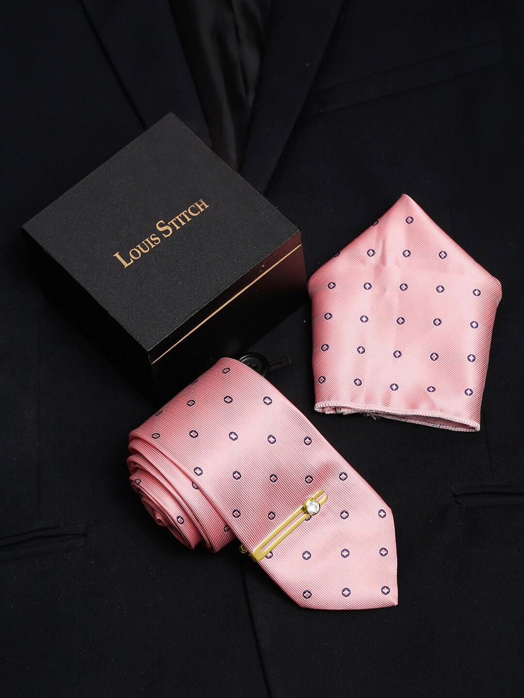 

LOUIS STITCH Men Printed Italian Silk Necktie Accessory Gift Set, Peach