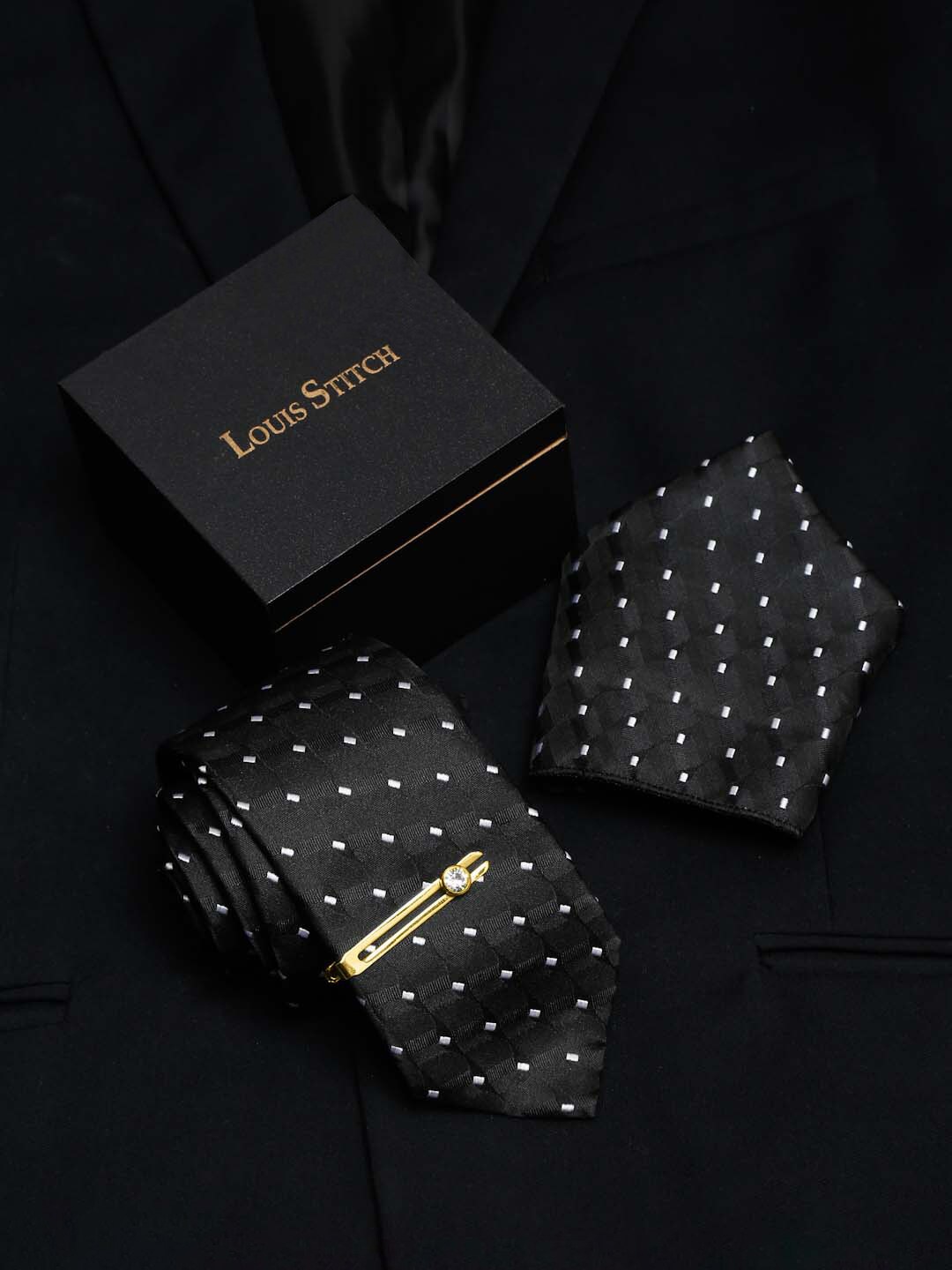 

LOUIS STITCH Men Printed Italian Silk Necktie Accessory Gift Set, Black