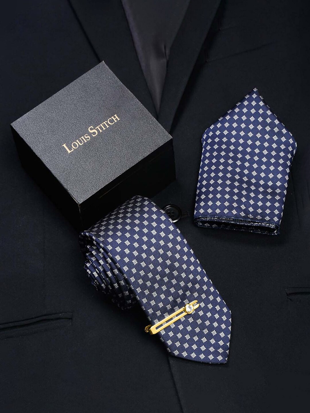 

LOUIS STITCH Men Printed Italian Silk Necktie Accessory Gift Set, Blue