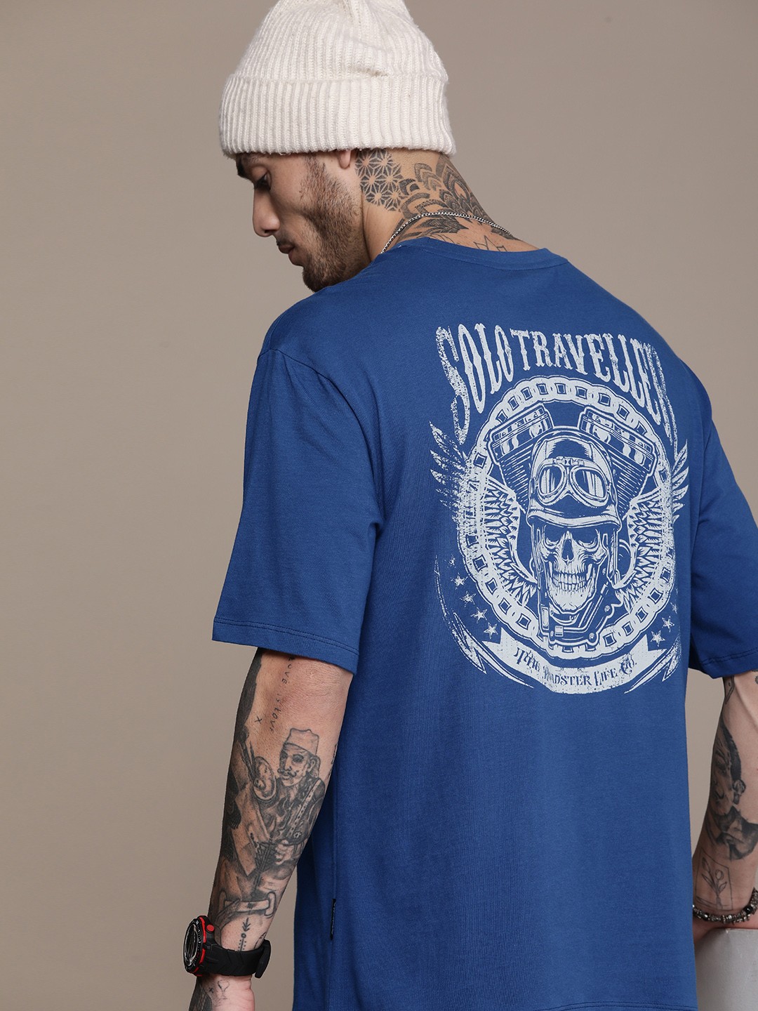

The Roadster Life Co. Printed Drop-Shoulder Sleeves Pure Cotton T-shirt, Blue