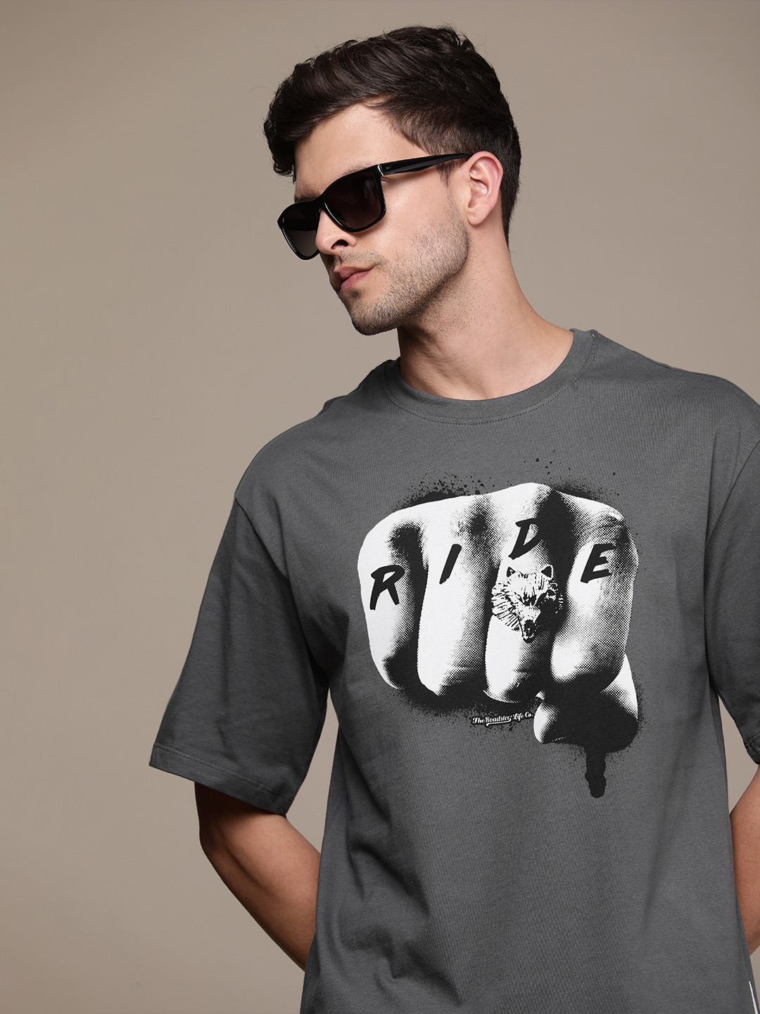 

The Roadster Lifestyle Co. Oversized Fit Printed Pure Cotton T-shirt, Grey