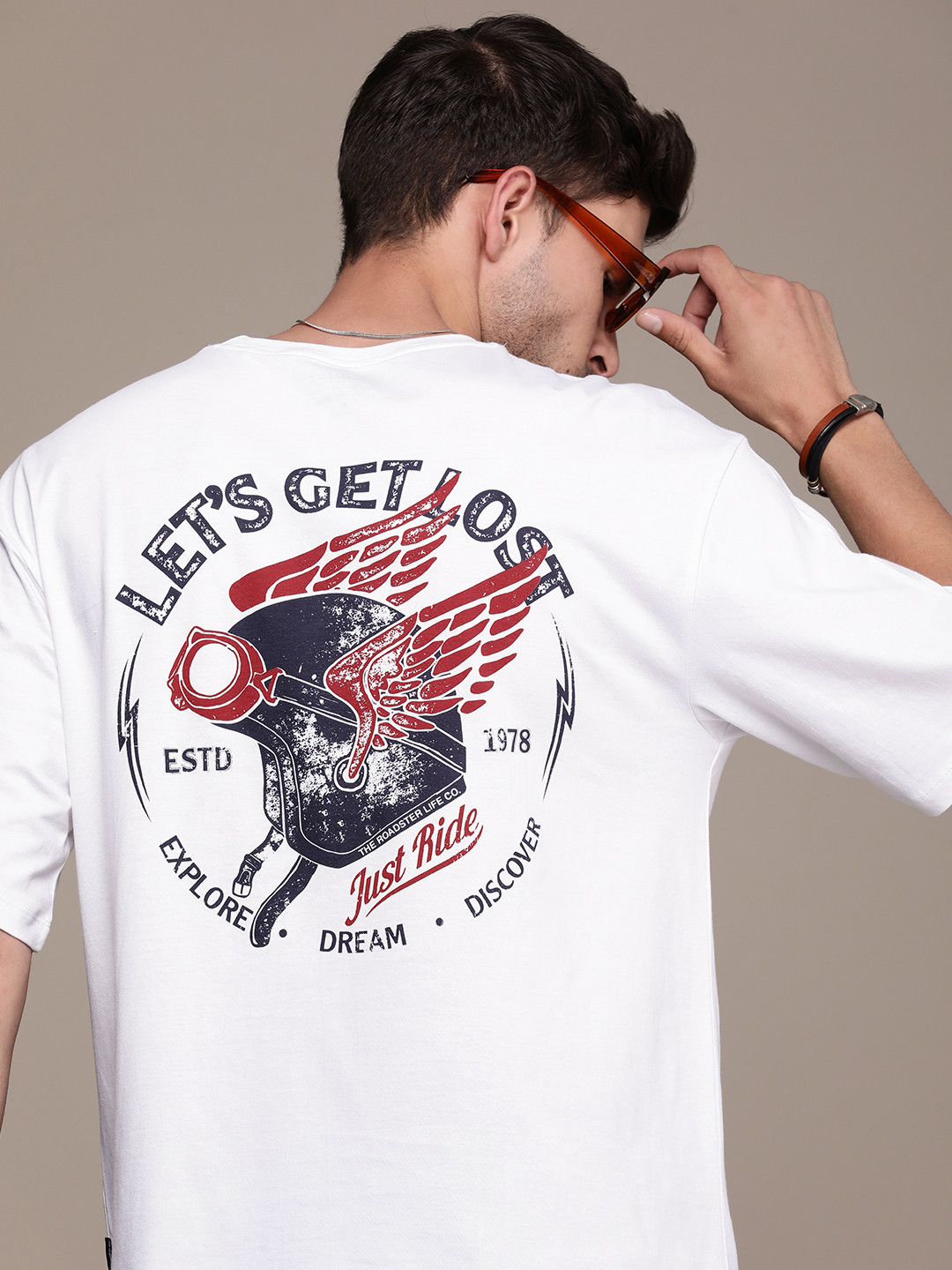 

The Roadster Lifestyle Co. Oversized Fit Pure Cotton Graphic Printed Drop-Shoulder Sleeves Casual T-shirt, White