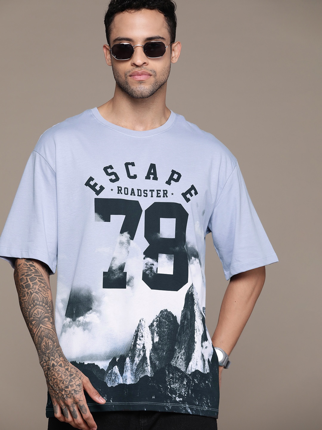 

The Roadster Lifestyle Co. Printed Pure Cotton Oversized T-shirt, Blue