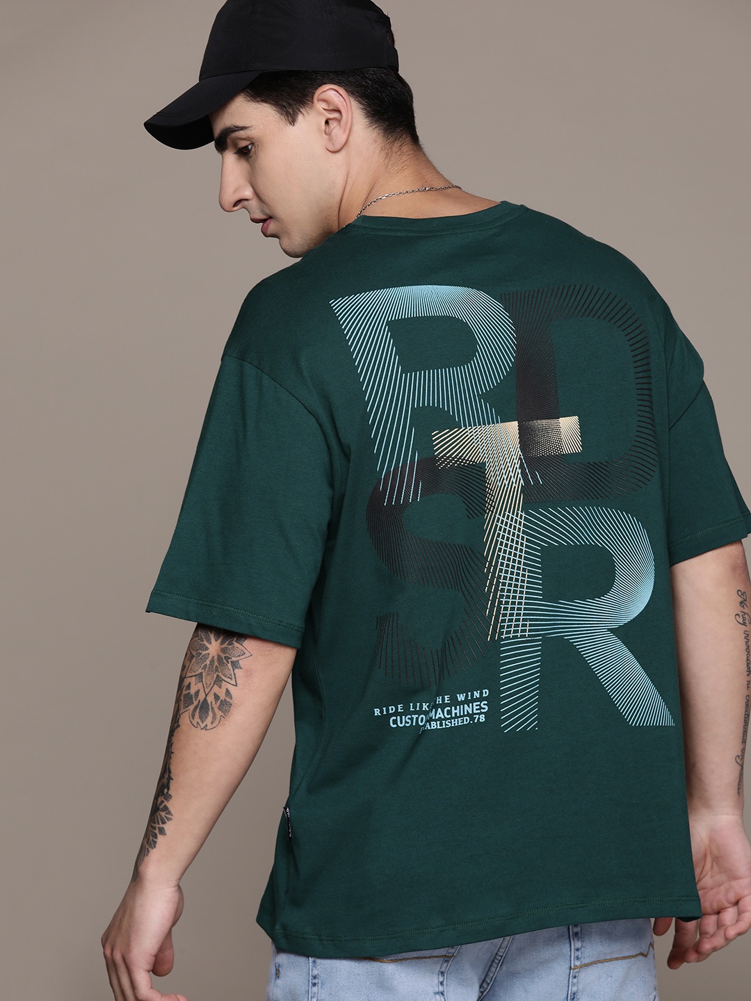 

The Roadster Lifestyle Co. Brand Logo Printed Drop-Shoulder Sleeves Pure Cotton T-shirt, Green