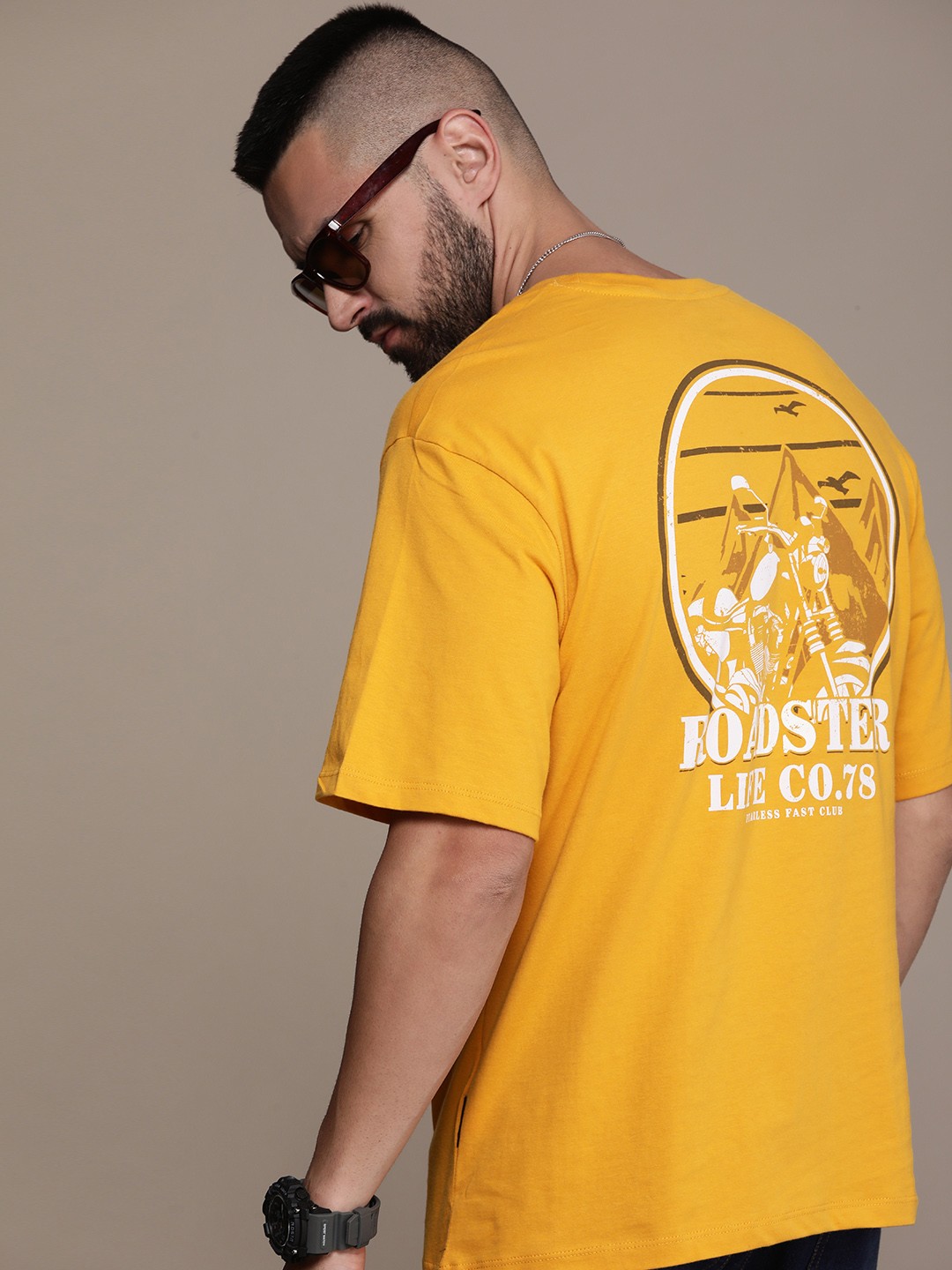

The Roadster Life Co. Printed Drop-Shoulder Sleeves Pure Cotton T-shirt, Yellow