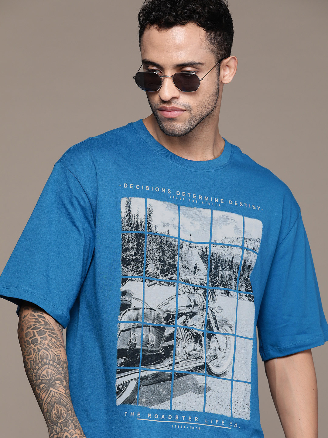 

The Roadster Lifestyle Co. Printed Pure Cotton Oversized T-shirt, Teal