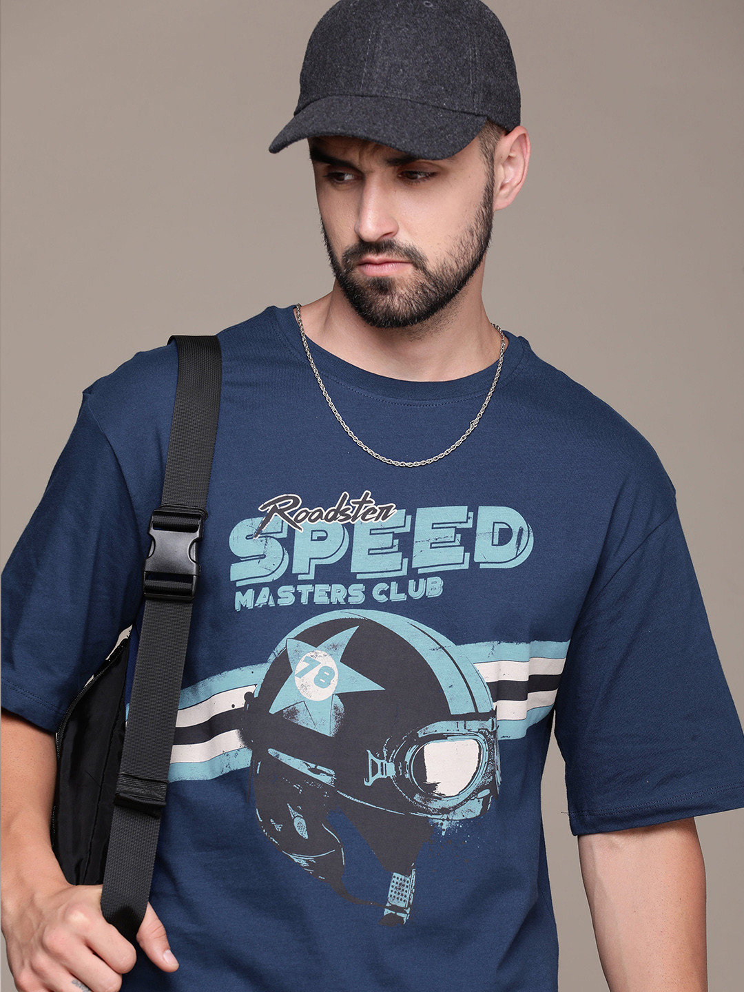 

The Roadster Life Co. Printed Drop-Shoulder Sleeves Pure Cotton T-shirt, Blue