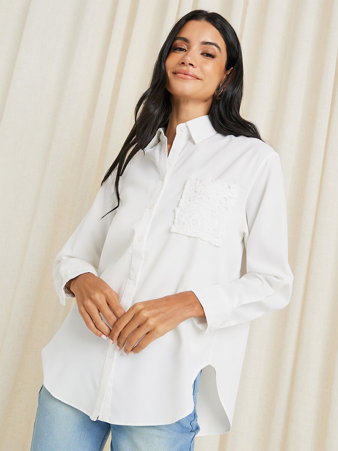 

Styli Oversized Shirt With Schiffli Front Pocket, Off white