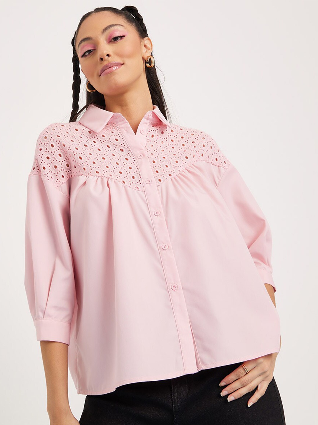 

Styli Schiffli Yoke Relaxed Fit Shirt, Pink