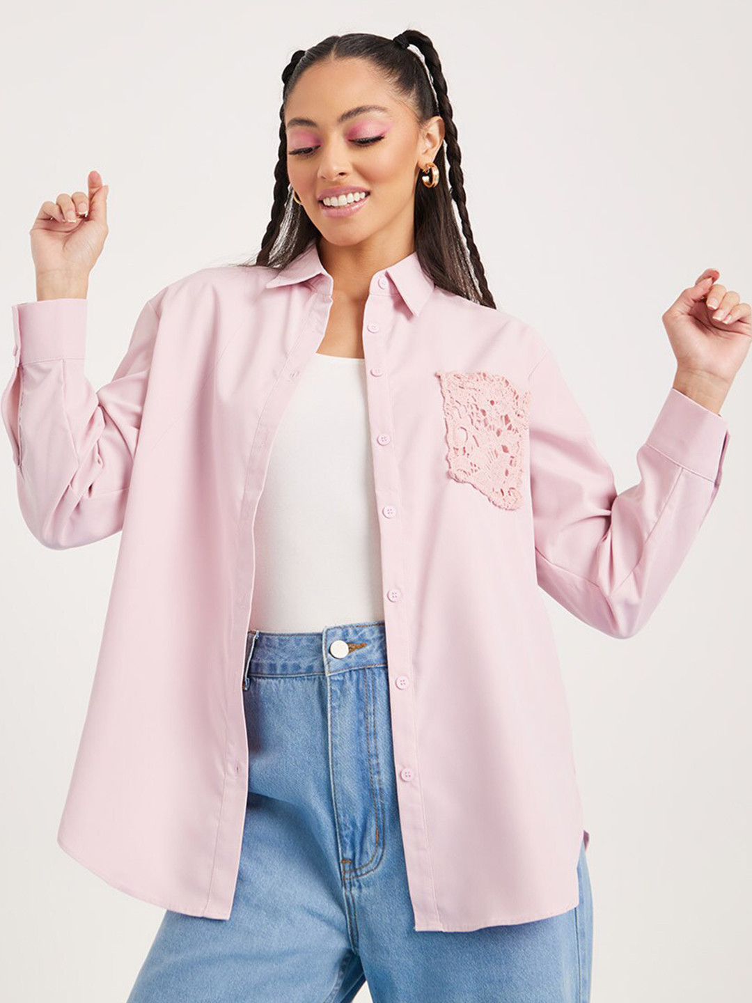 

Styli Pink Oversized Spread Collar Long Sleeve Casual Shirt