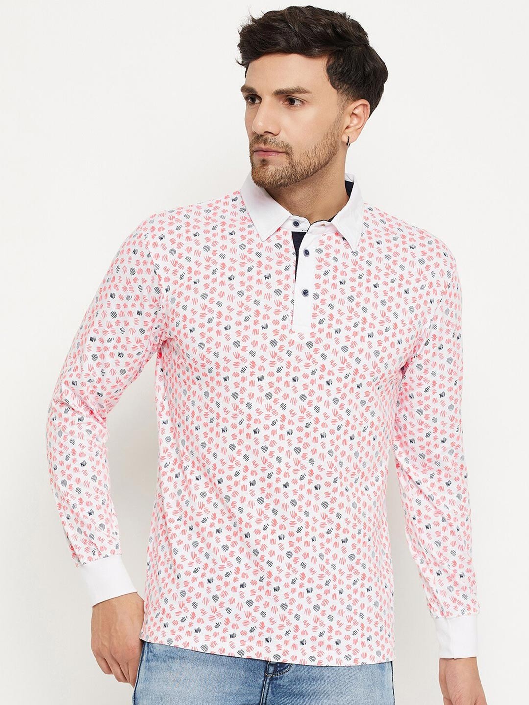 

WILD WEST Abstract Printed Polo Collar Cotton T-Shirt, White