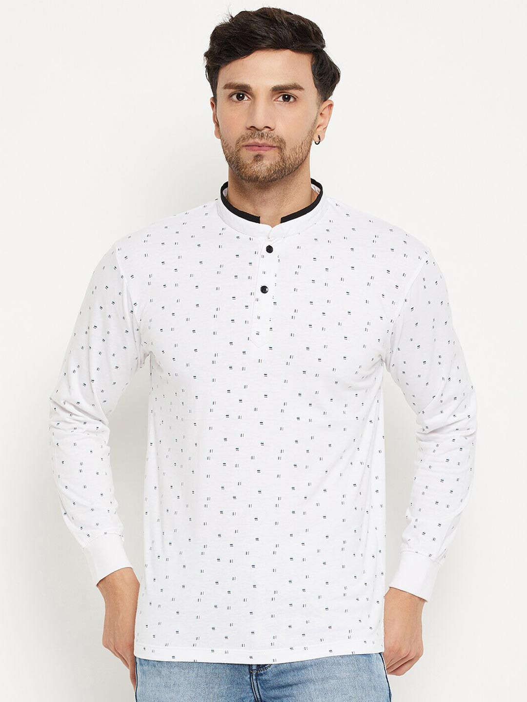 

WILD WEST Geometric Printed Mandarin Collar Cotton T-Shirt, White