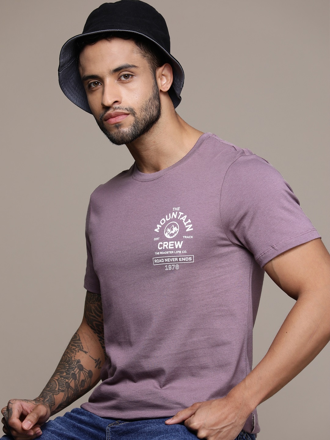 

The Roadster Lifestyle Co. Typography Printed Pure Cotton T-shirt, Mauve