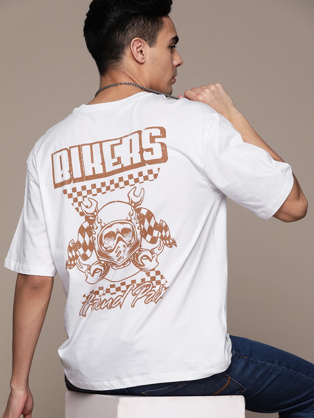 

The Roadster Lifestyle Co. Oversized Fit Drop-Shoulder Sleeves Printed Pure Cotton T-shirt, White