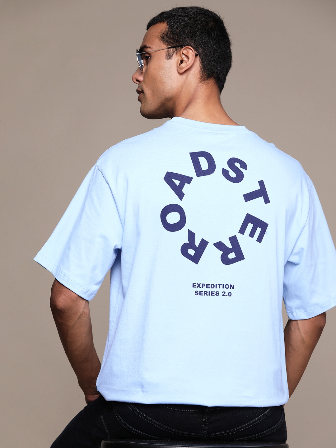 

The Roadster Lifestyle Co. Brand Logo Printed Pure Cotton Oversized T-shirt, Blue