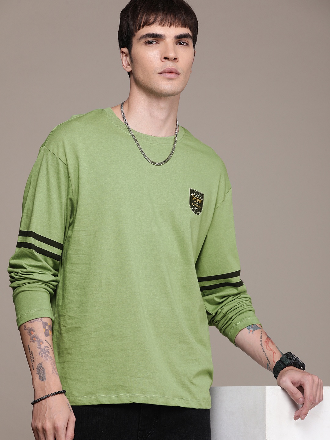 

The Roadster Life Co. Relaxed Fit Drop-Shoulder Sleeves Pure Cotton T-shirt, Green