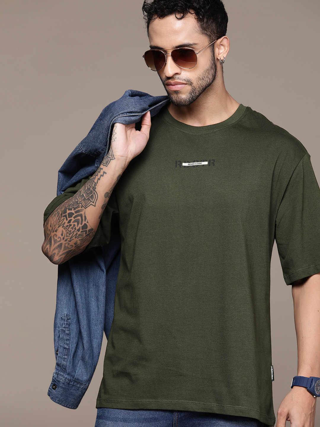 

The Roadster Lifestyle Co. Drop-Shoulder Sleeves Oversized Pure Cotton T-shirt, Olive