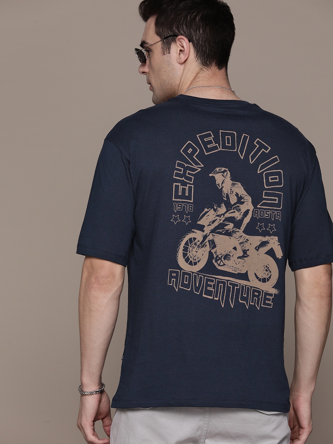 

The Roadster Lifestyle Co. Oversized Fit Back Printed Pure Cotton T-shirt, Navy blue