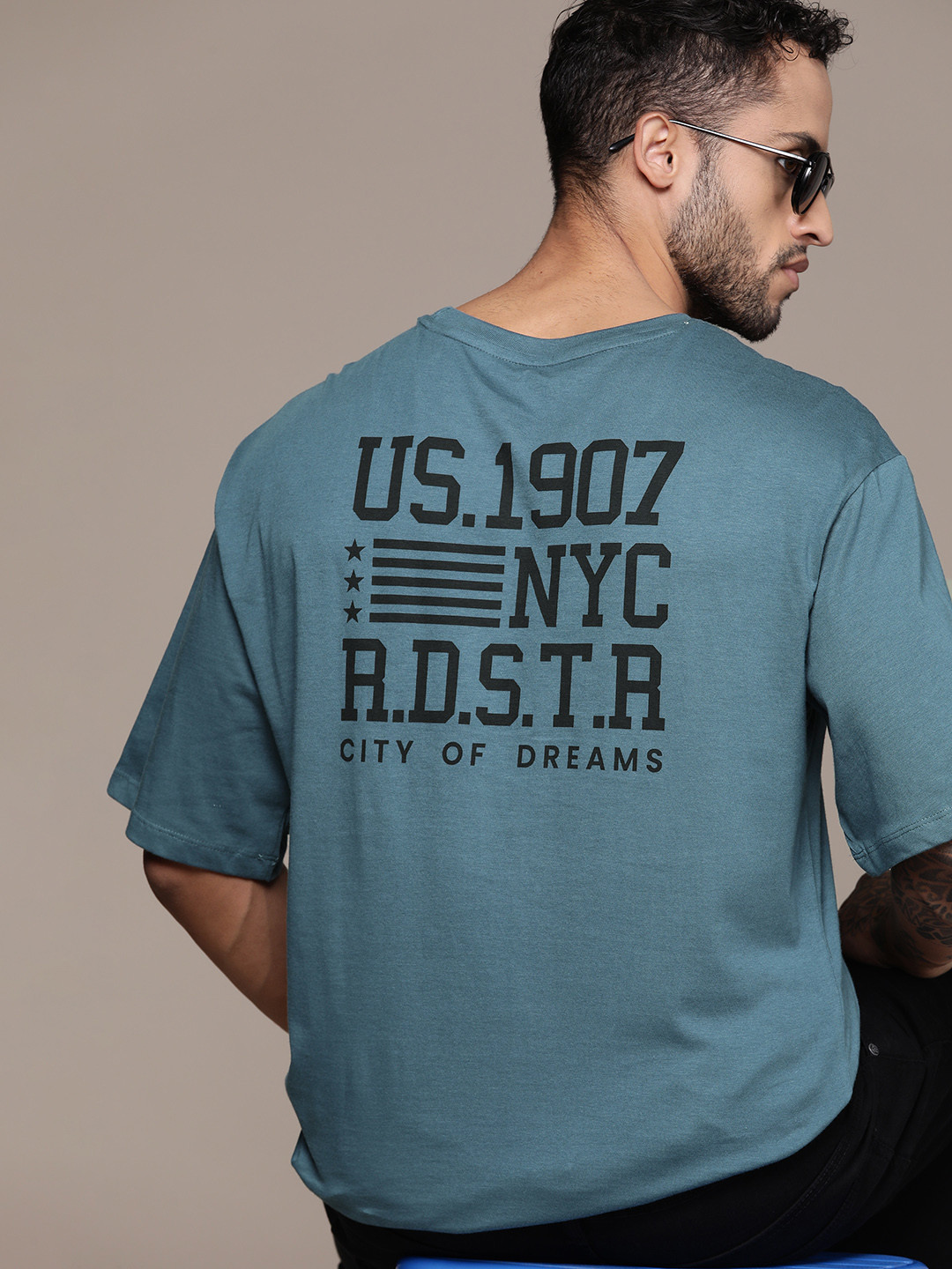 

The Roadster Lifestyle Co. Printed Drop-Shoulder Sleeves Oversized Pure Cotton T-shirt, Teal