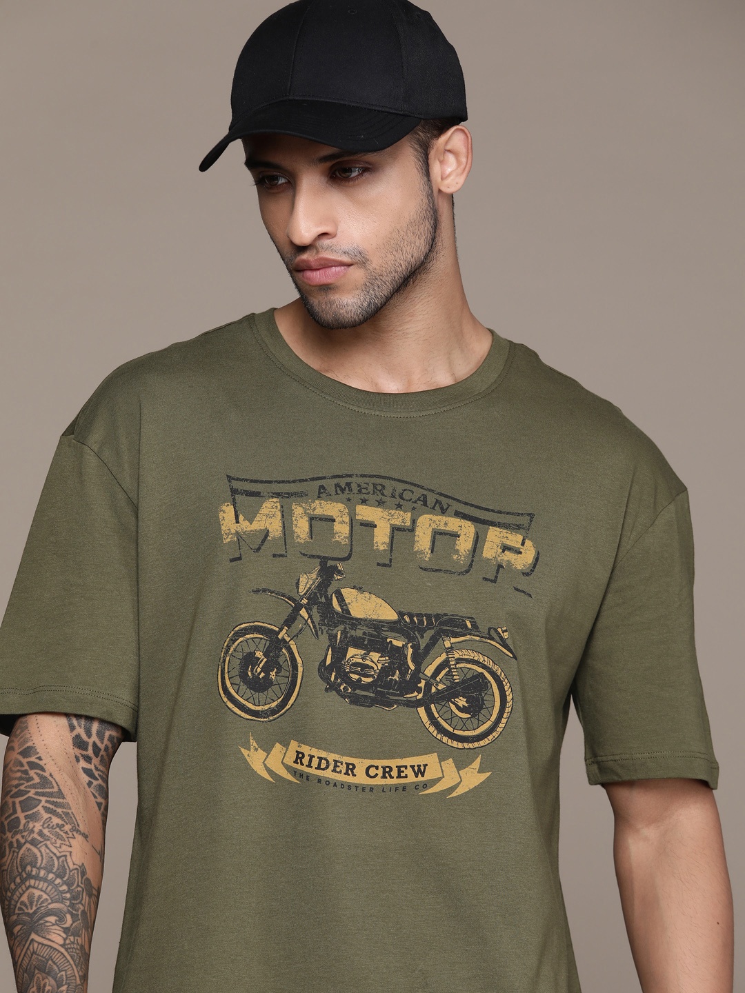

The Roadster Lifestyle Co. Printed Pure Cotton Oversized T-shirt, Olive