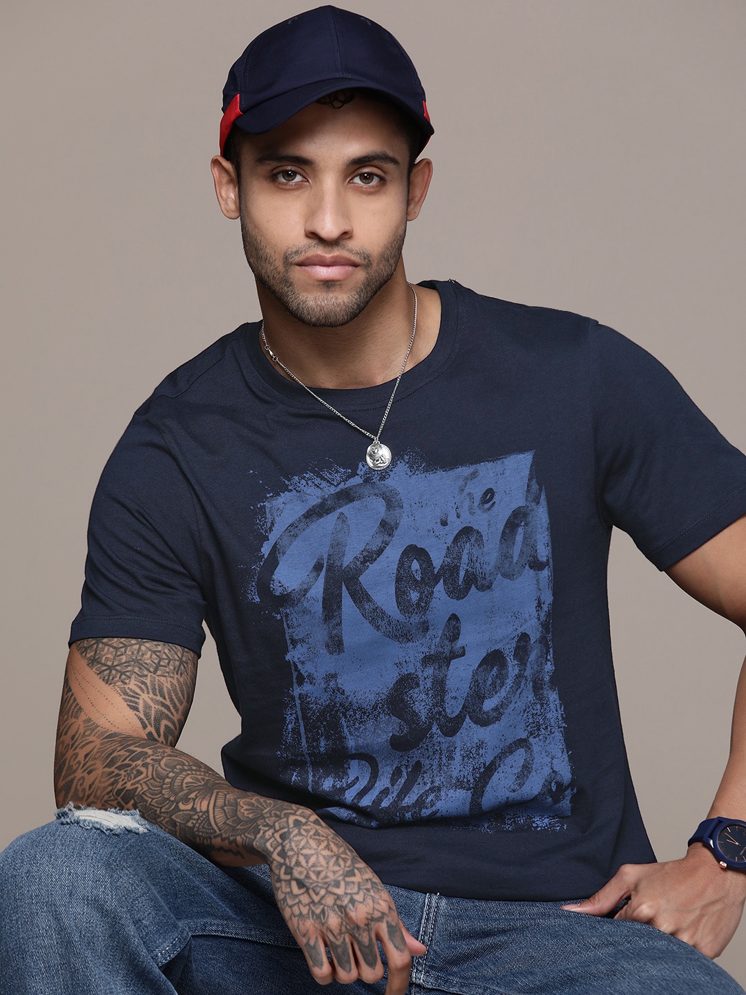 

The Roadster Lifestyle Co. Typography Printed Pure Cotton T-shirt, Navy blue