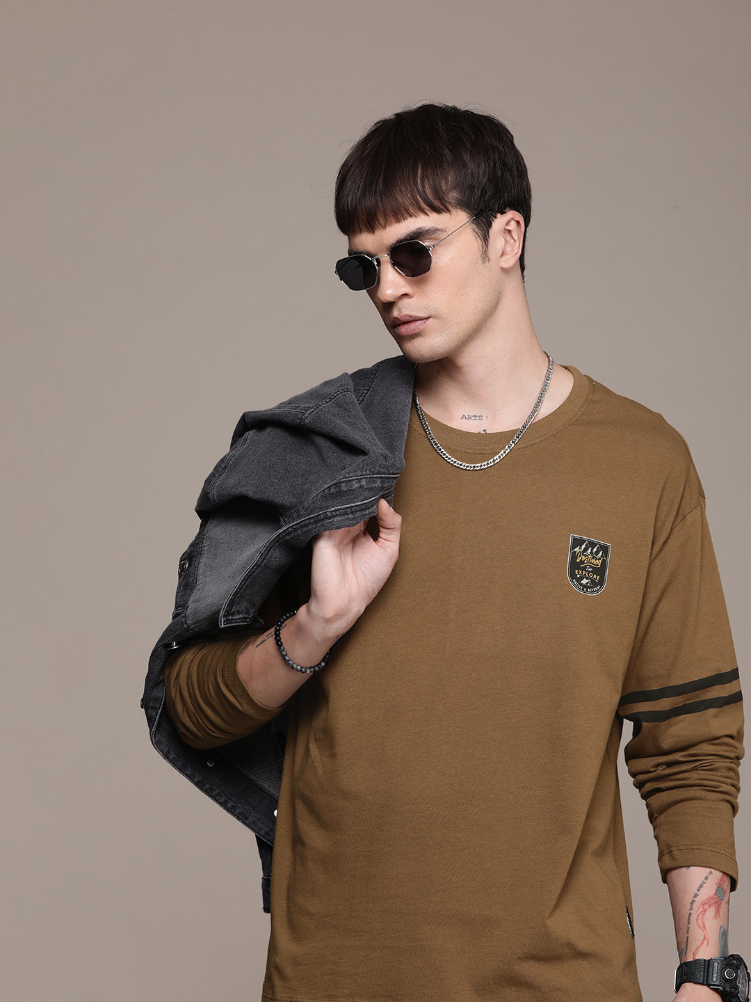 

The Roadster Life Co. Relaxed Fit Drop-Shoulder Sleeves Pure Cotton T-shirt, Brown