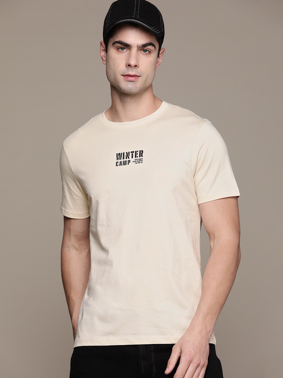 

The Roadster Lifestyle Co. Printed Detail Pure Cotton T-shirt, Beige