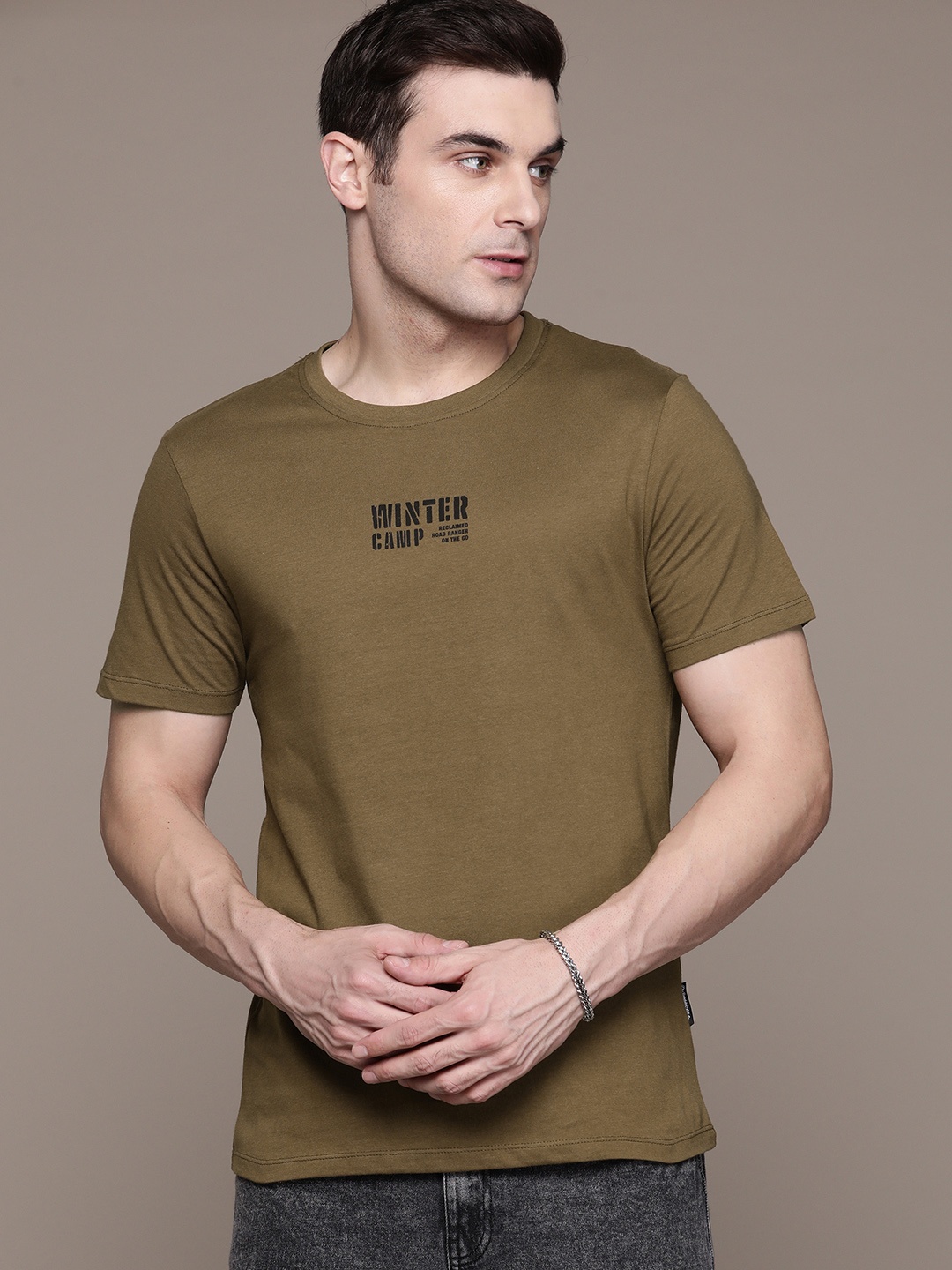 

The Roadster Lifestyle Co. Printed Detail Pure Cotton T-shirt, Olive