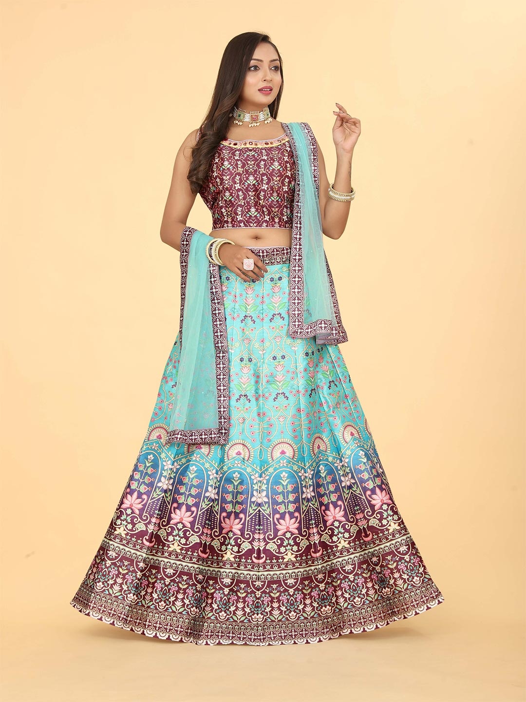 

EthnicTree Ethnic Motifs Printed Beads and Stones Ready to Wear Lehenga Choli, Blue