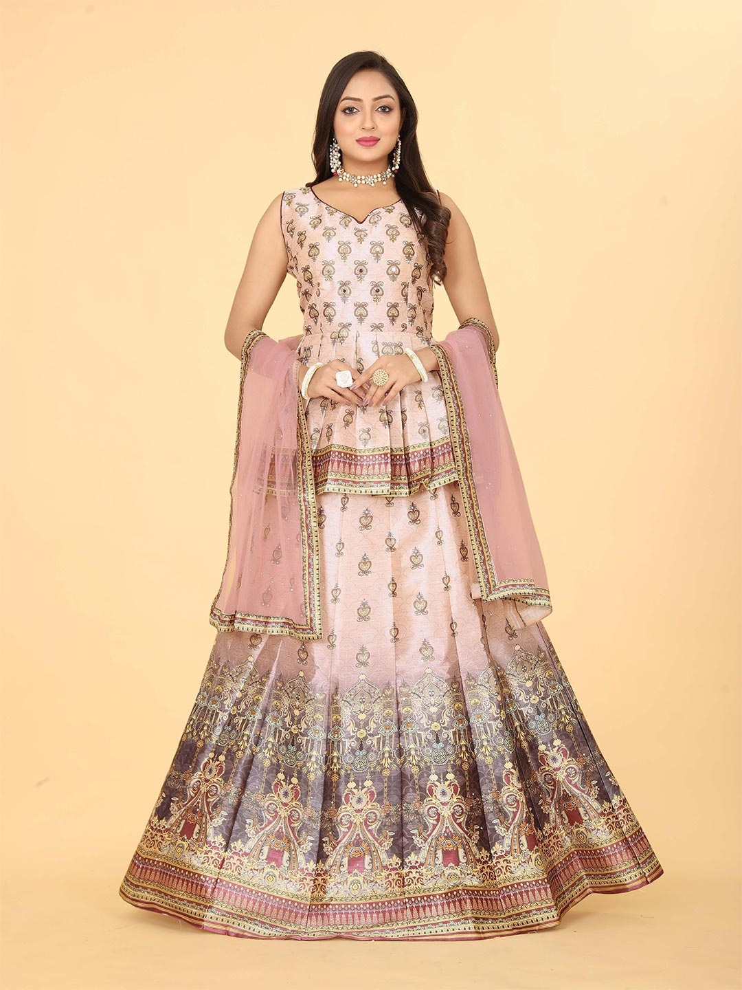 

EthnicTree Ethnic Motifs Printed Beads and Stones Ready to Wear Lehenga Choli, Peach