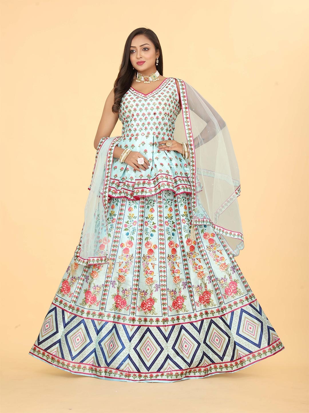 

EthnicTree Ethnic Motifs Printed Mirror Work Ready to Wear Lehenga Choli, Blue