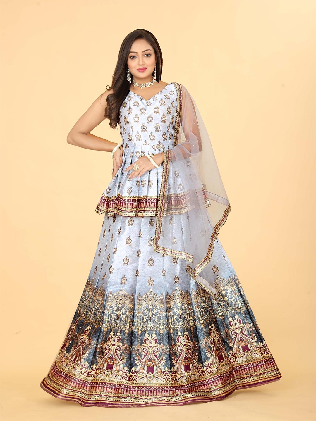 

EthnicTree Ethnic Printed Beads and Stones Ready to Wear Lehenga & Blouse With Dupatta, Grey