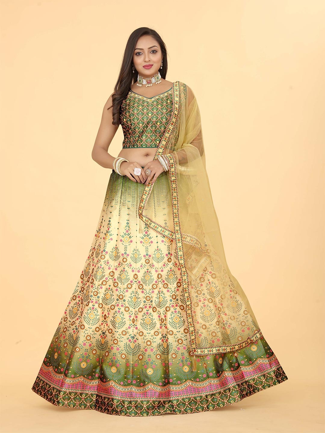 

EthnicTree Floral Printed Beads and Stones Ready to Wear Lehenga & Blouse With Dupatta, Yellow