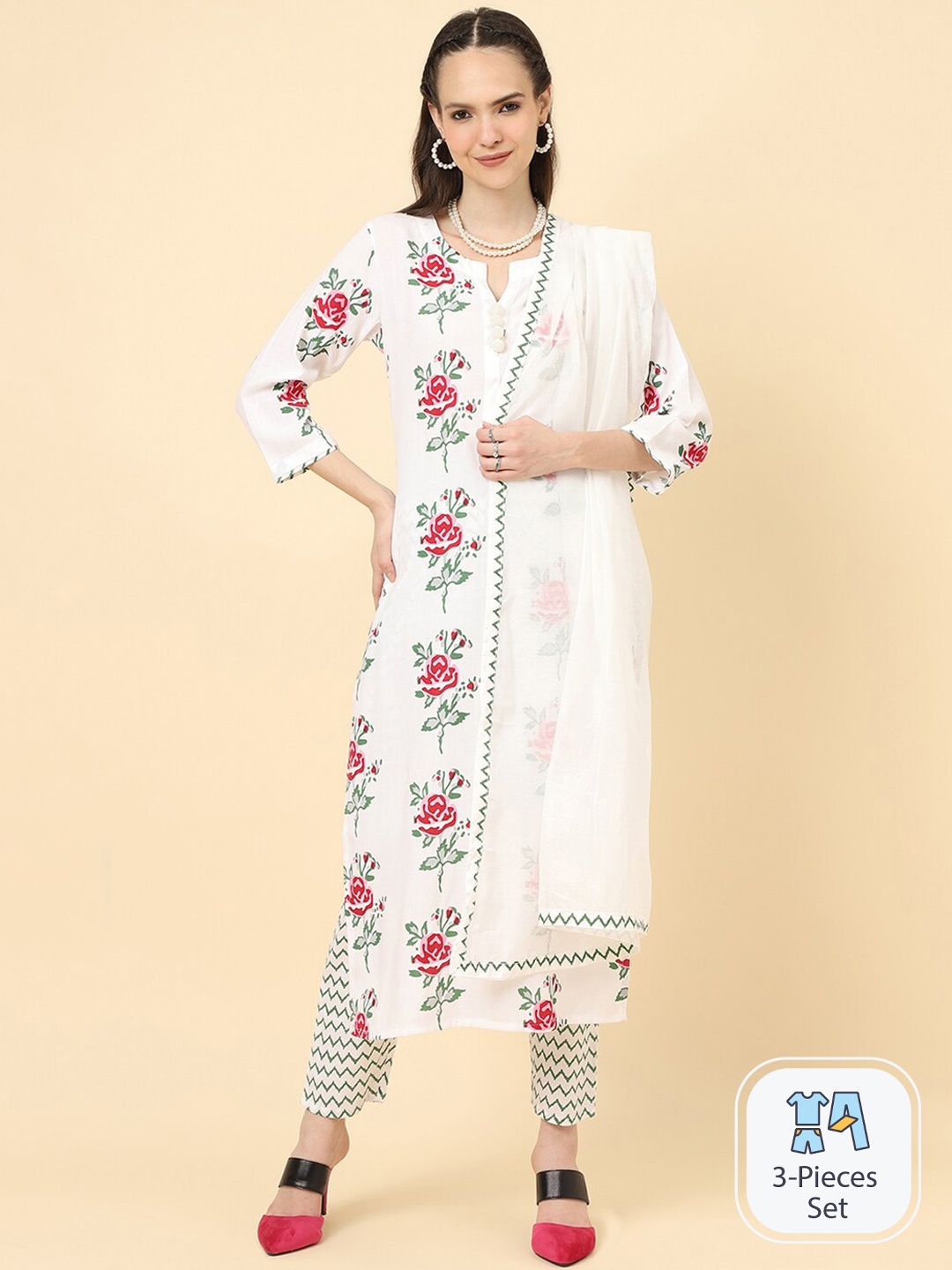 

KALINI Floral Printed Notched Neck Kurta with Trousers & Dupatta, White