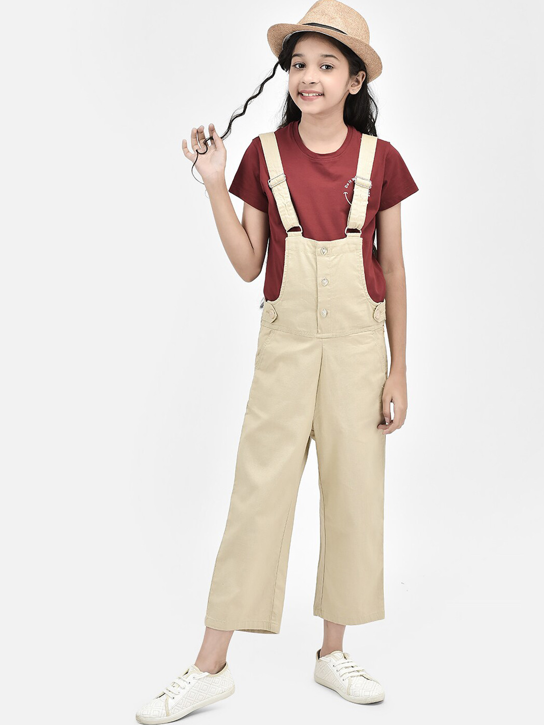 

Crimsoune Club Girls Cotton Dungaree, Beige