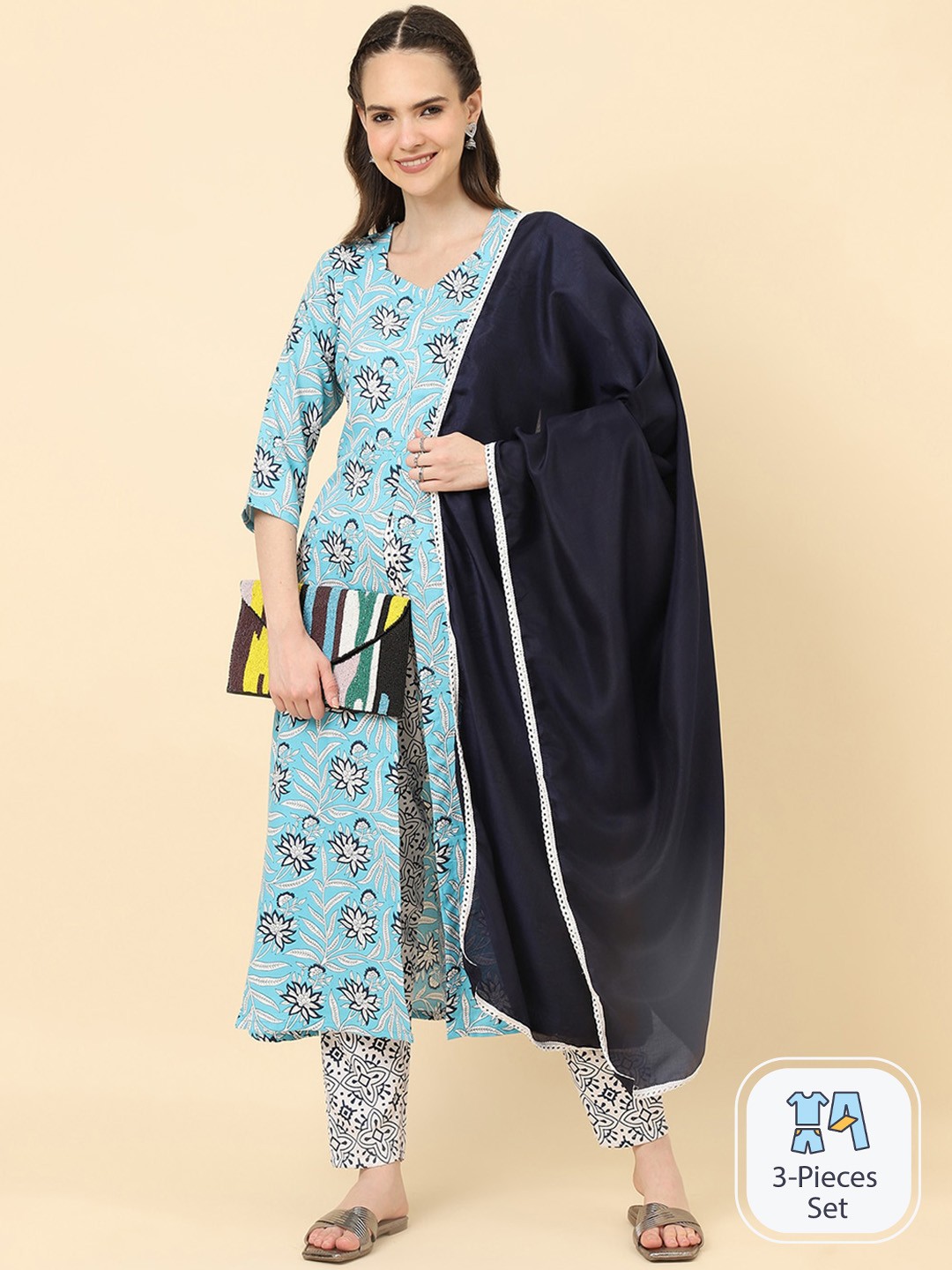 

KALINI Floral Printed High Slit Straight Kurta With Trousers & Dupatta, Blue