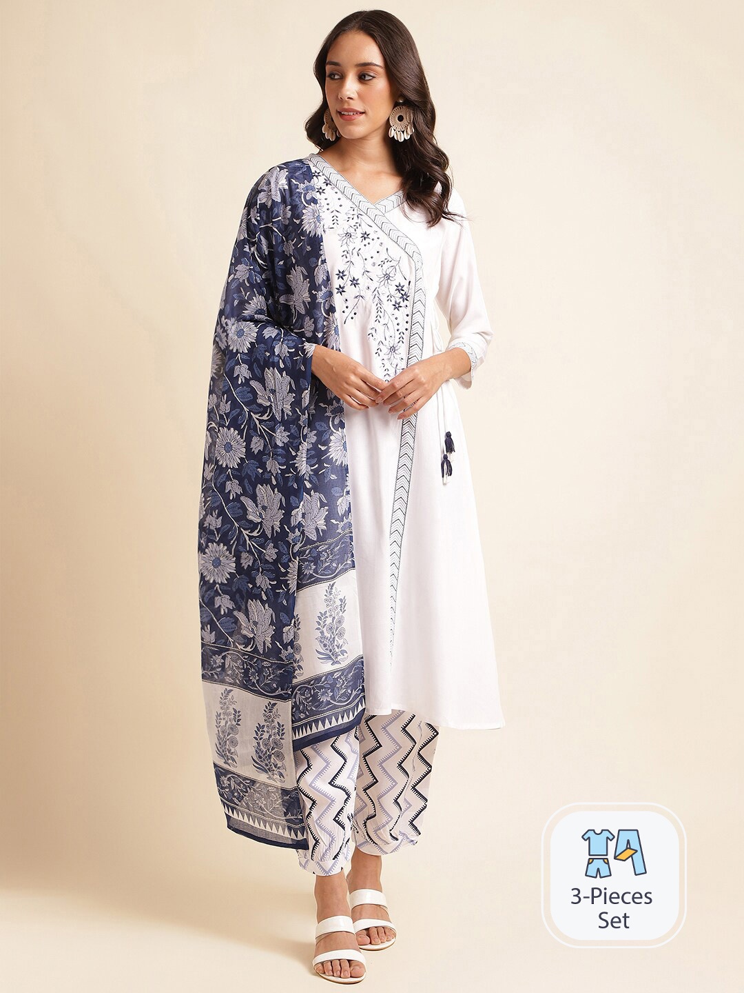 

MESMORA FASHION Thread Work Pure Cotton Angrakha A-Line Kurta & Trousers With Dupatta, White