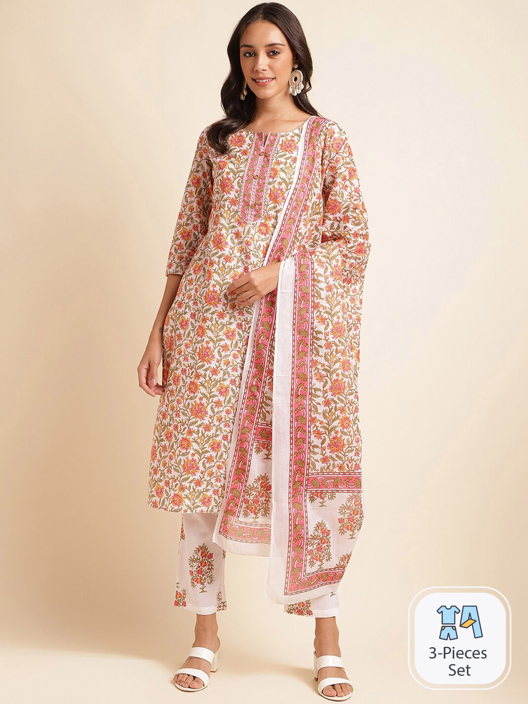 

MESMORA FASHION Floral Printed Pure Cotton Regular Kurta with Trousers & Dupatta, Off white