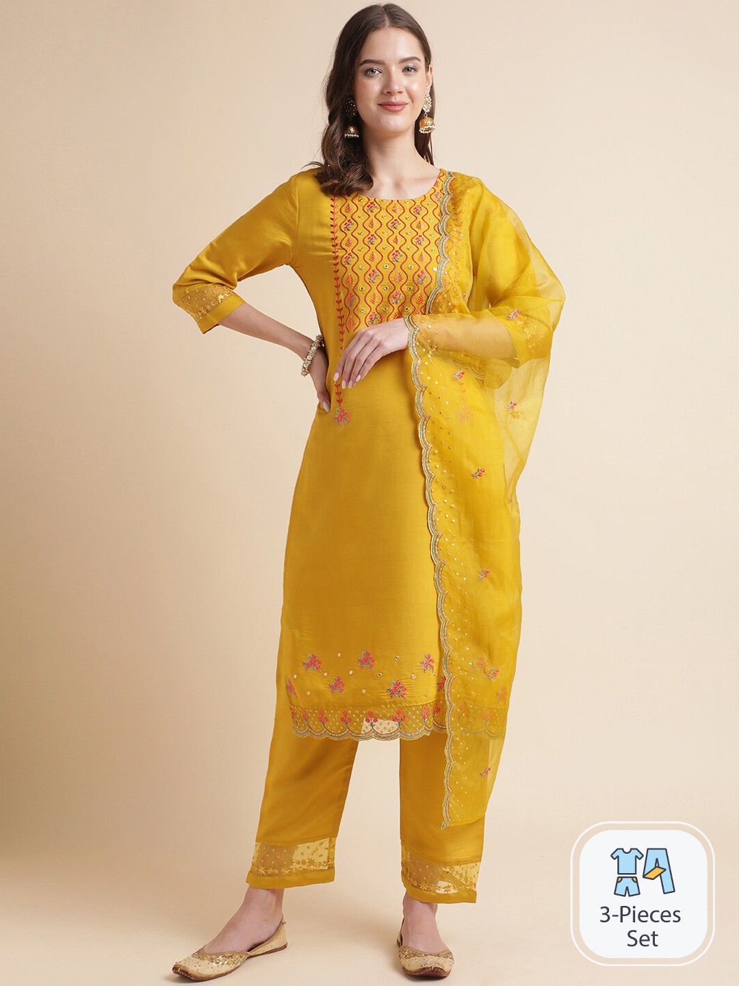 

MESMORA FASHION Yoke Design Pure Cotton Kurta with Trousers & Dupatta, Yellow