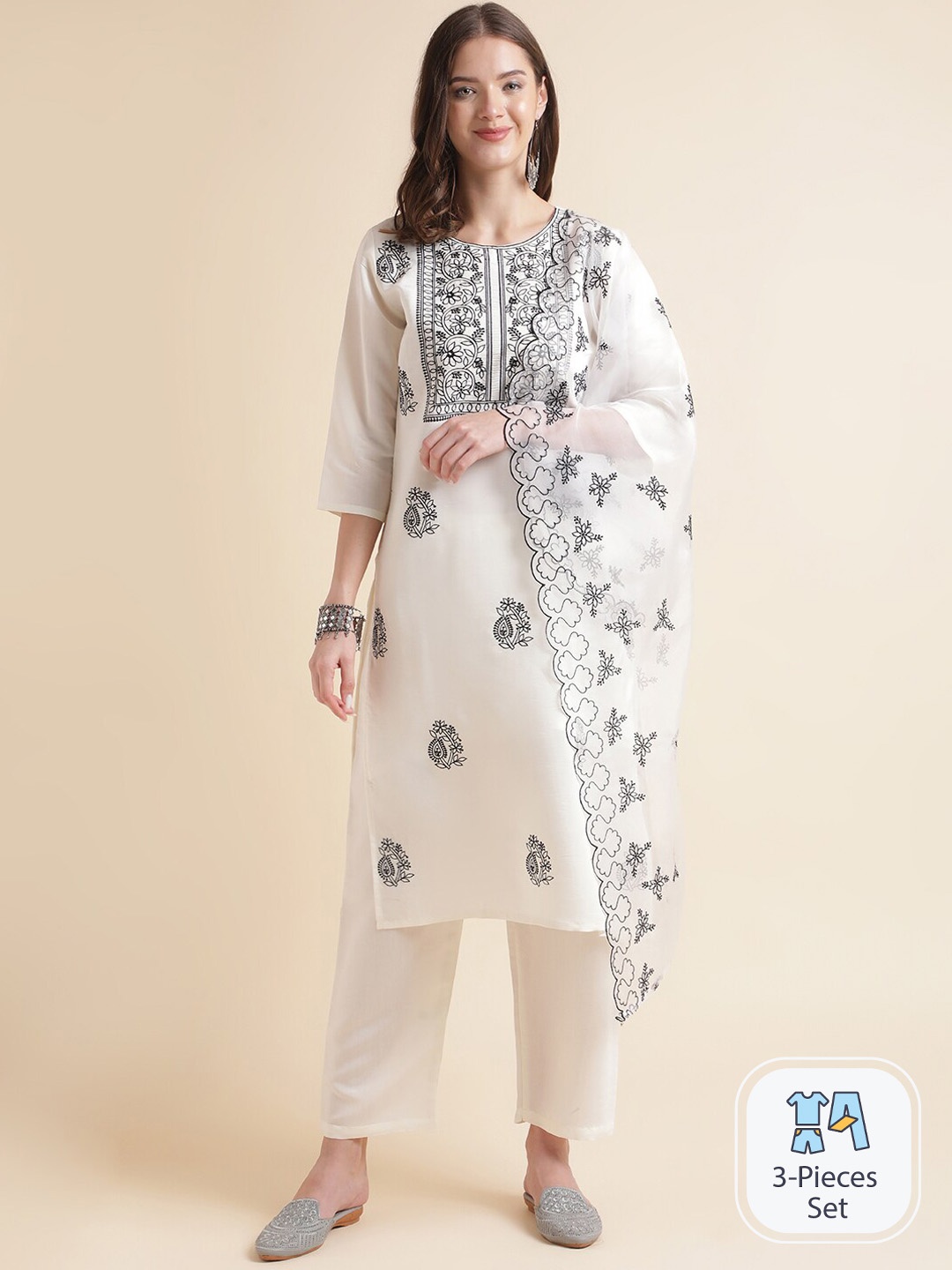 

MESMORA FASHION Floral Printed Pure Cotton Regular Kurta with Trousers & Dupatta, White