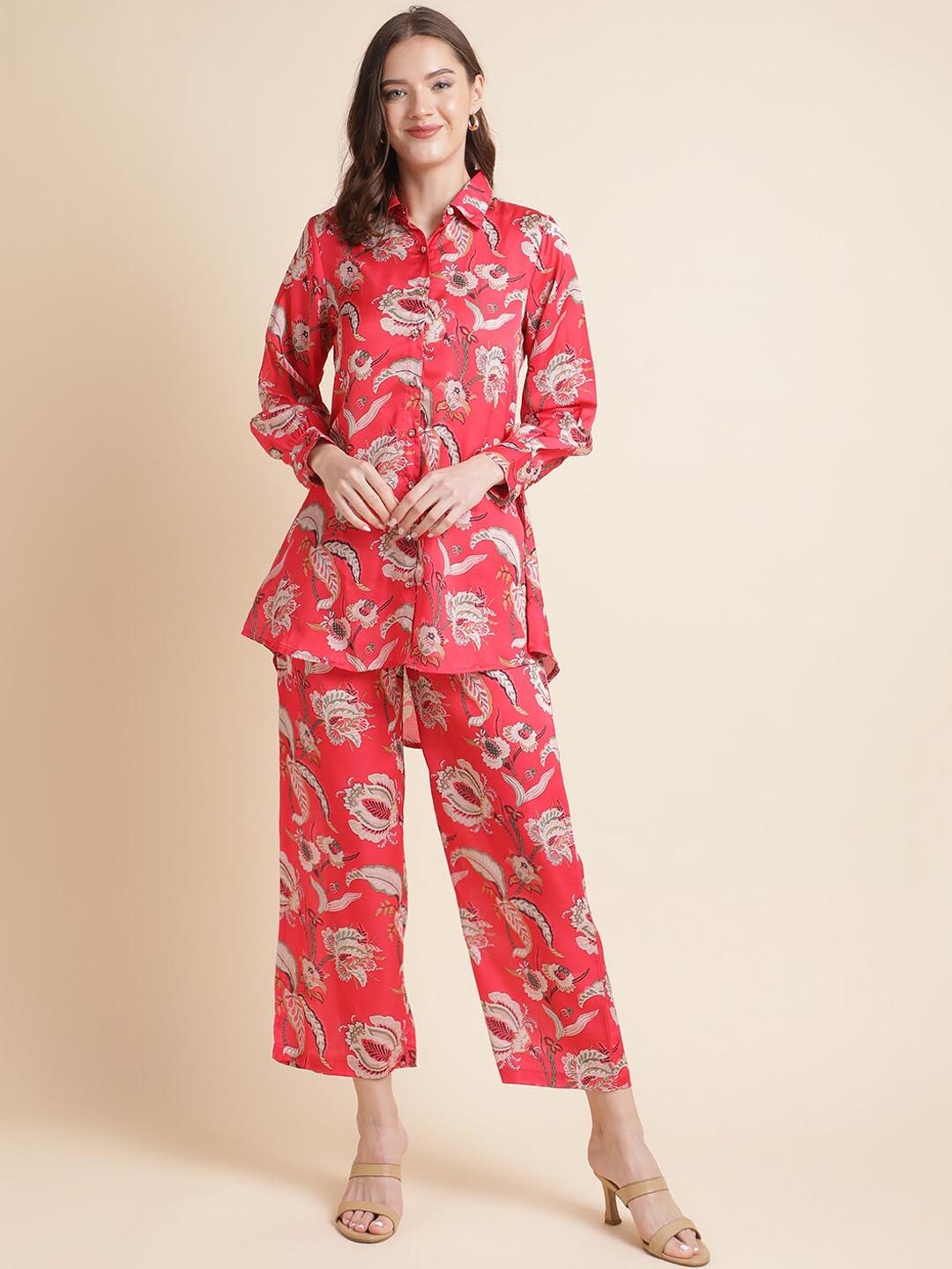 

MESMORA FASHION Pure Cotton Floral Printed Shirt With Trousers, Pink