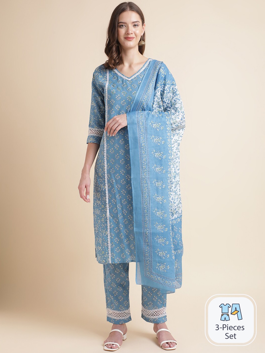 

MESMORA FASHION Floral Printed Pure Cotton Regular Kurta with Trousers & Dupatta, Blue