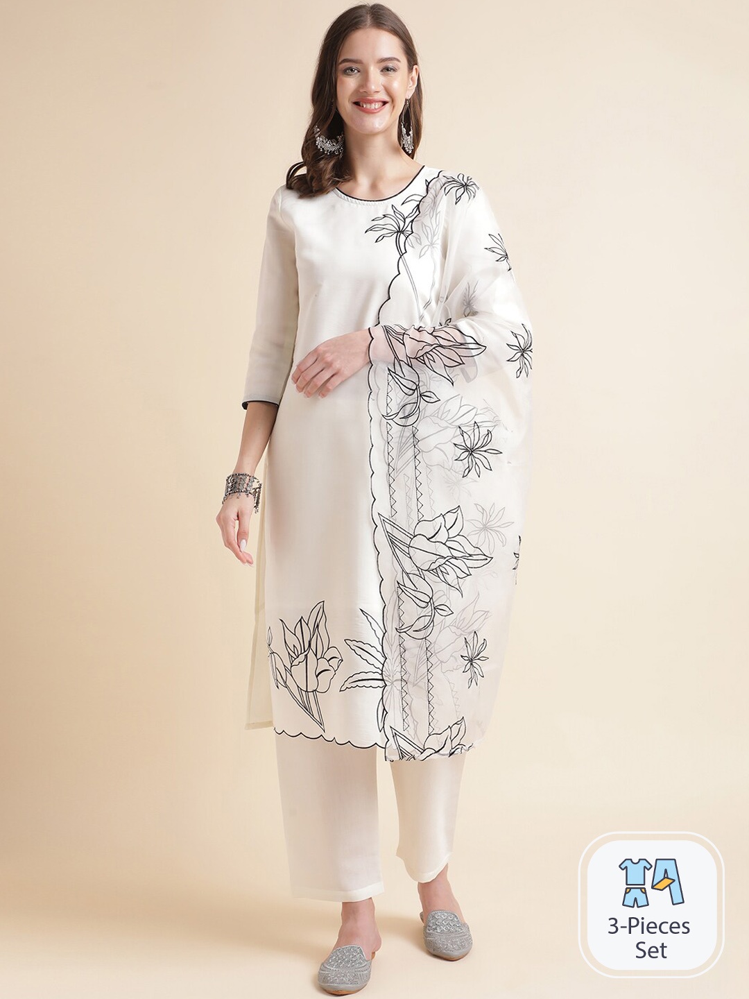 

MESMORA FASHION Floral Printed Pure Cotton Regular Kurta with Trousers & Dupatta, White