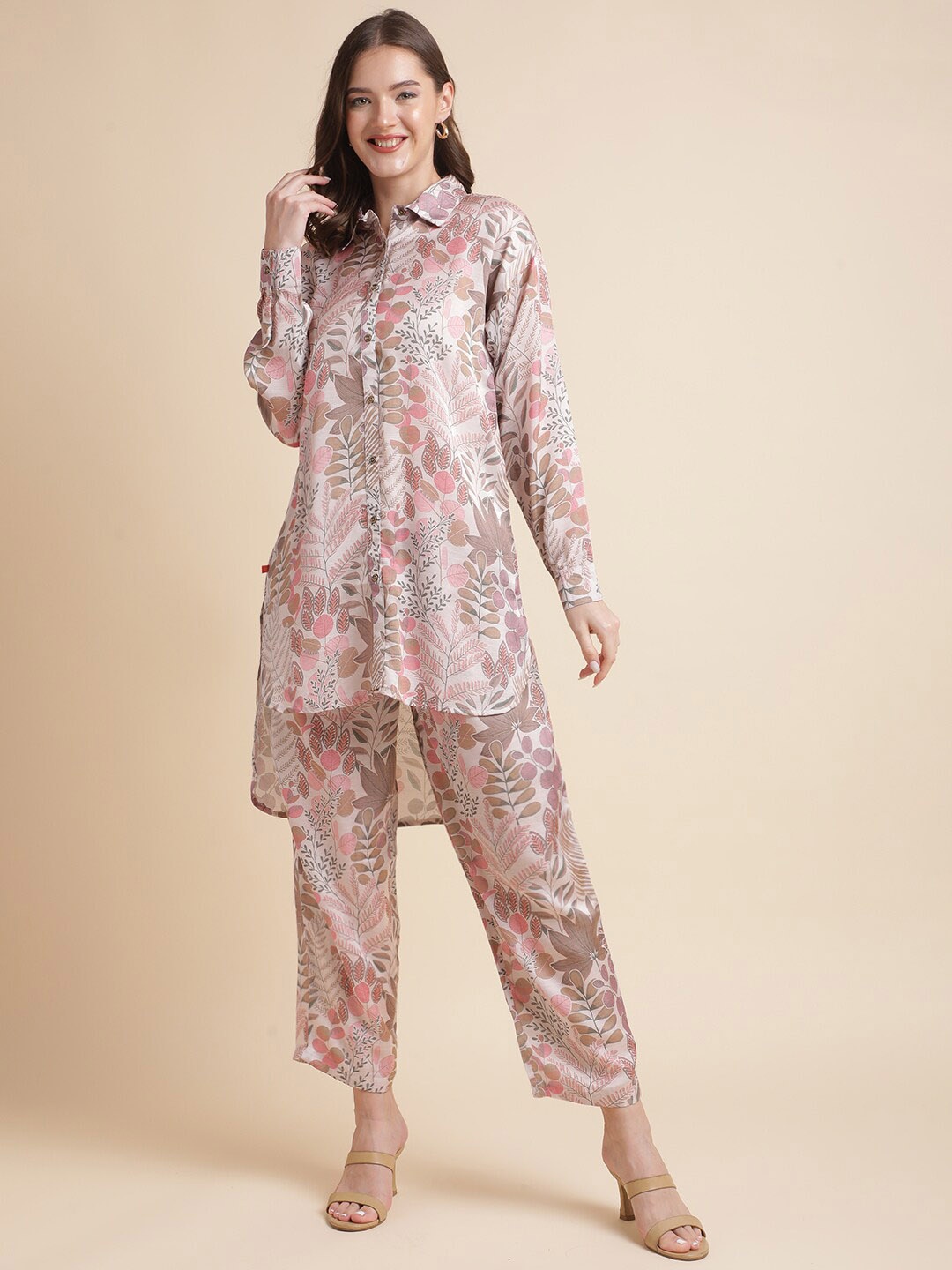 

MESMORA FASHION Floral Printed Pure Cotton Tunic with Trousers, Cream
