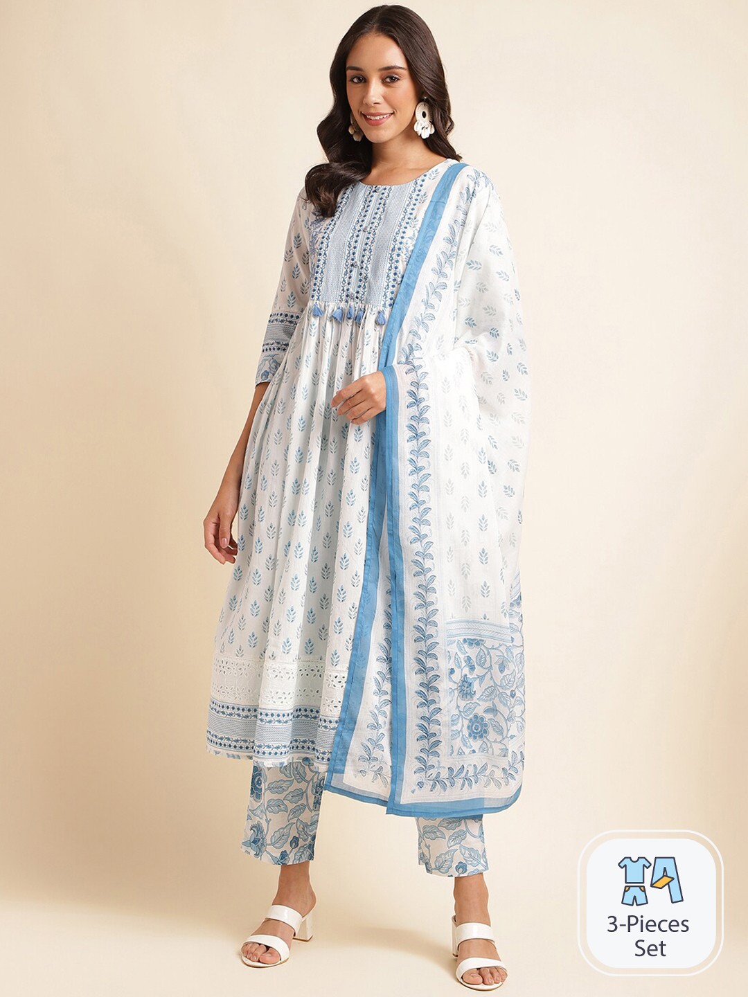 

MESMORA FASHION Ethnic Motifs Print High Slit Pure Cotton Kurta & Trousers With Dupatta, White