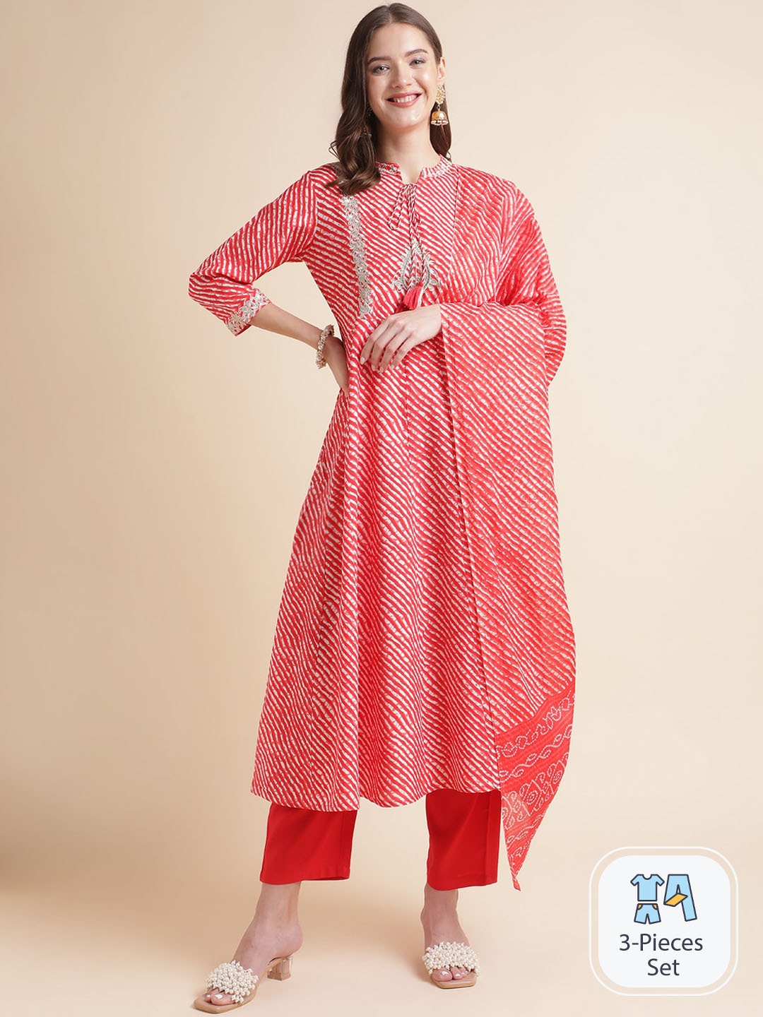 

MESMORA FASHION Leheriya Printed Pure Cotton Regular Kurta with Trousers & Dupatta, Red