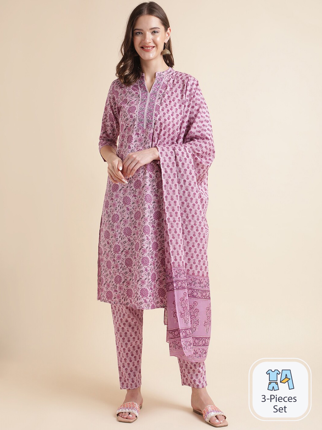 

MESMORA FASHION Floral Printed Regular Pure Cotton Kurta with Trousers & Dupatta, Pink