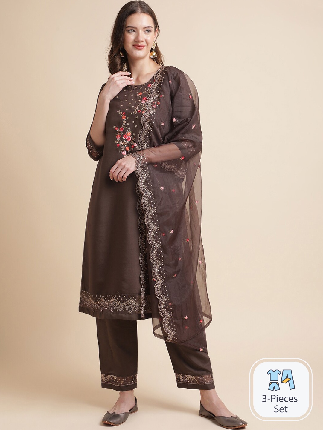 

MESMORA FASHION Floral Embroidered Pure Cotton Regular Kurta with Trousers & Dupatta, Brown